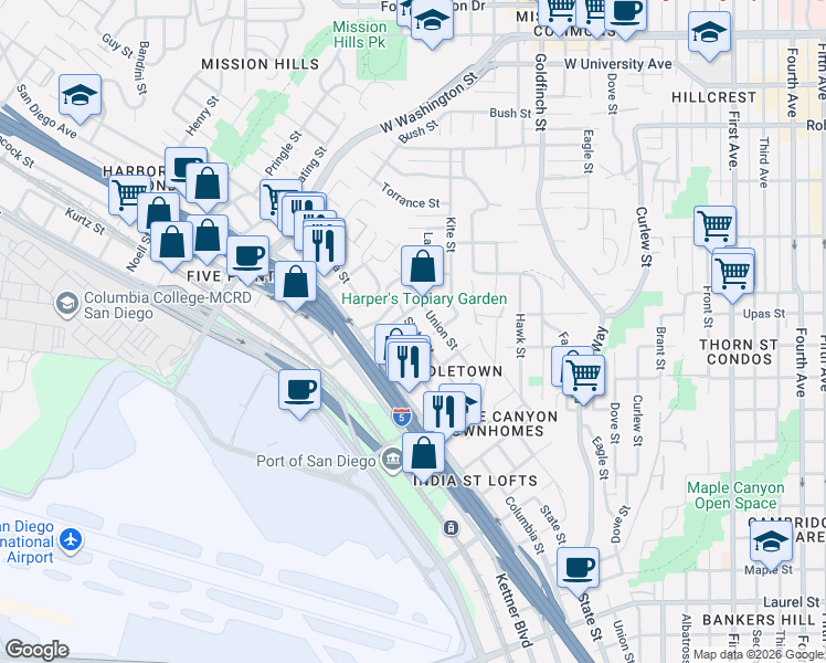 map of restaurants, bars, coffee shops, grocery stores, and more near 1501 Vine Street in San Diego