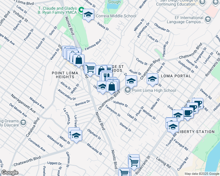 map of restaurants, bars, coffee shops, grocery stores, and more near 2235 Poinsettia Drive in San Diego