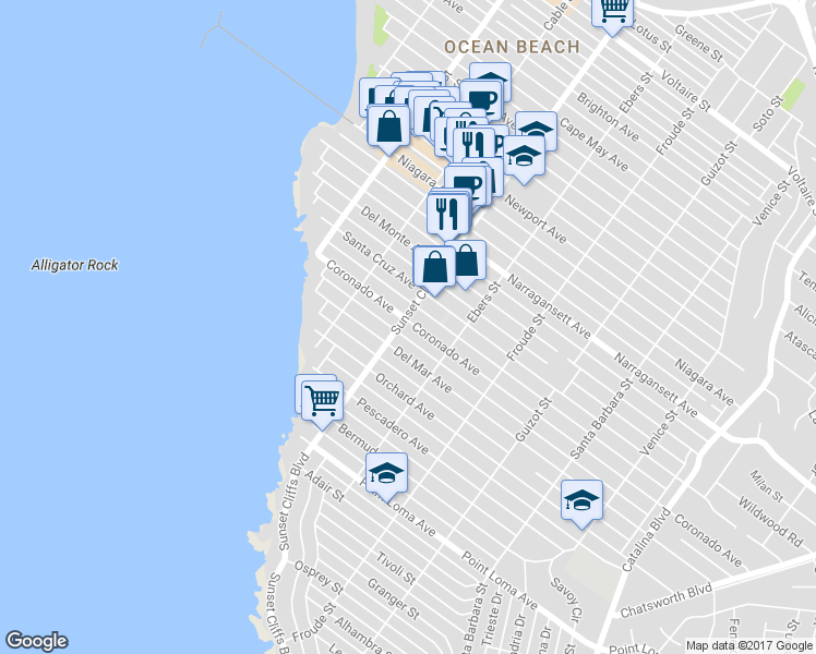 map of restaurants, bars, coffee shops, grocery stores, and more near in San Diego