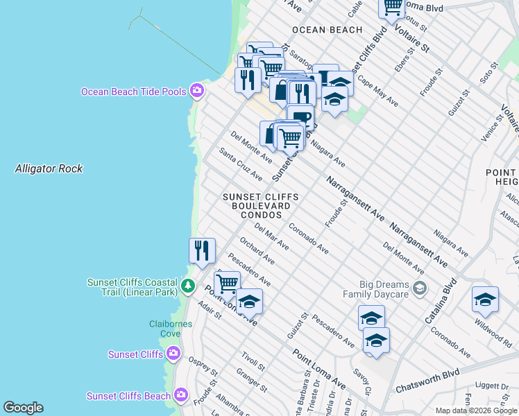 map of restaurants, bars, coffee shops, grocery stores, and more near in San Diego