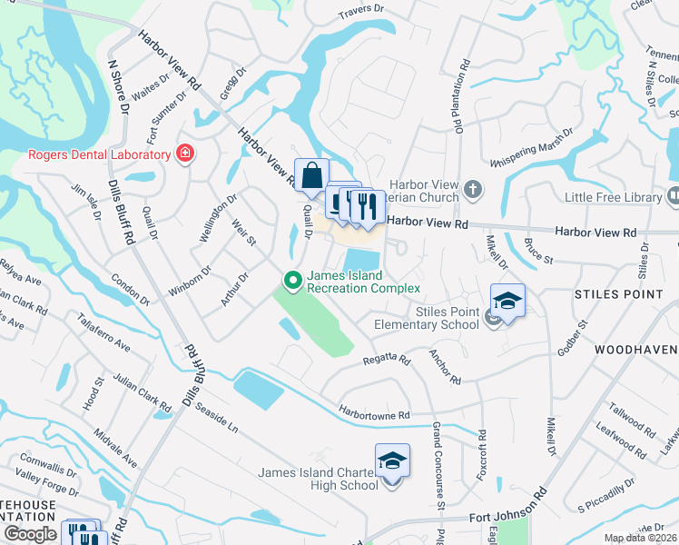 map of restaurants, bars, coffee shops, grocery stores, and more near 814 Porcari Street in Charleston