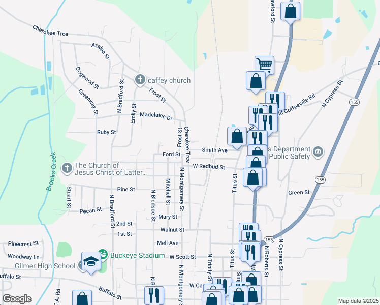 map of restaurants, bars, coffee shops, grocery stores, and more near 1301 Frost Street in Gilmer