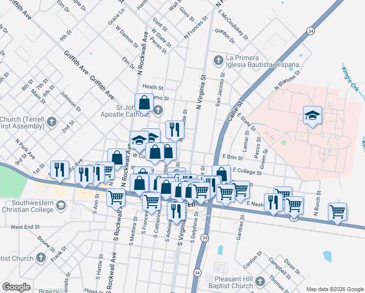 map of restaurants, bars, coffee shops, grocery stores, and more near 107 East Brin Street in Terrell
