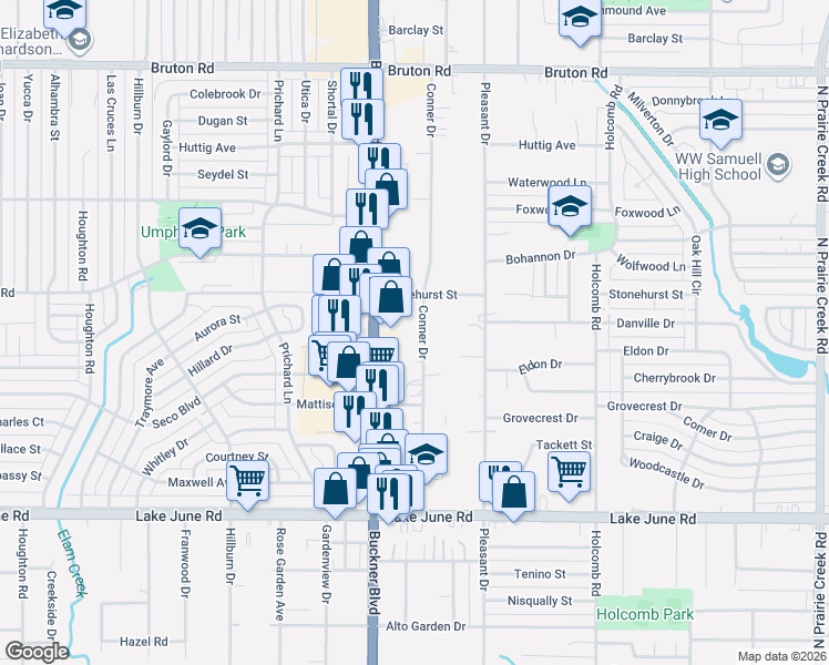 map of restaurants, bars, coffee shops, grocery stores, and more near 1635 Conner Drive in Dallas