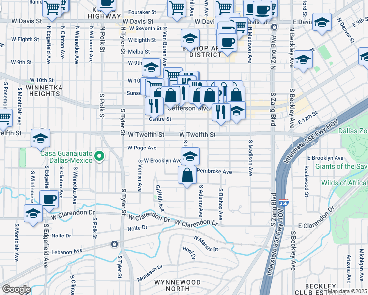 map of restaurants, bars, coffee shops, grocery stores, and more near 605 West Page Avenue in Dallas