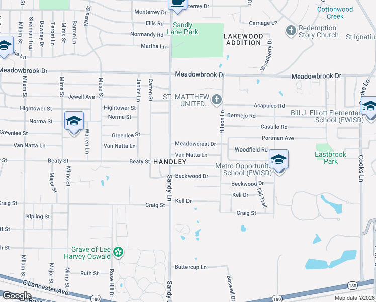 map of restaurants, bars, coffee shops, grocery stores, and more near 7432 Meadowcrest Drive in Fort Worth