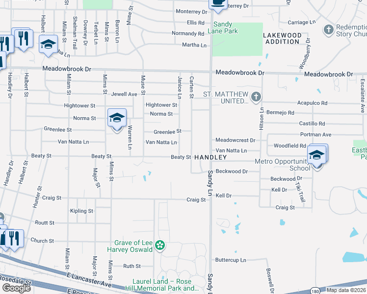 map of restaurants, bars, coffee shops, grocery stores, and more near 2717 Janice Lane in Fort Worth