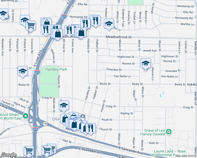 map of restaurants, bars, coffee shops, grocery stores, and more near 2717 Halbert Street in Fort Worth