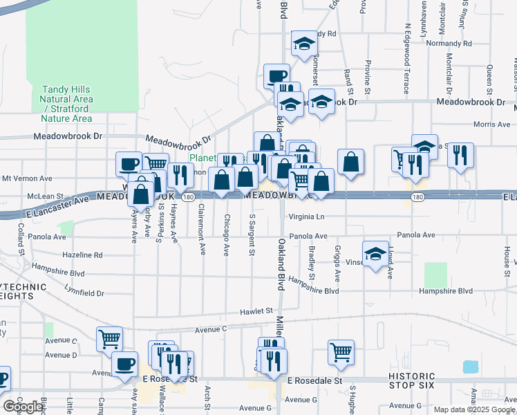 map of restaurants, bars, coffee shops, grocery stores, and more near 313 South Sargent Street in Fort Worth