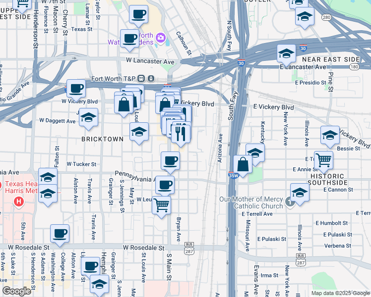 map of restaurants, bars, coffee shops, grocery stores, and more near 400 Crawford Street in Fort Worth