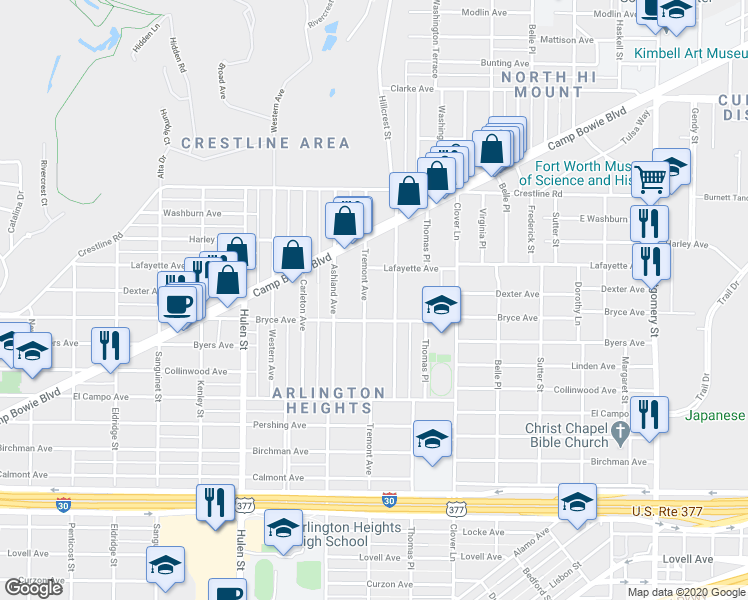 map of restaurants, bars, coffee shops, grocery stores, and more near 2000 Hillcrest Street in Fort Worth