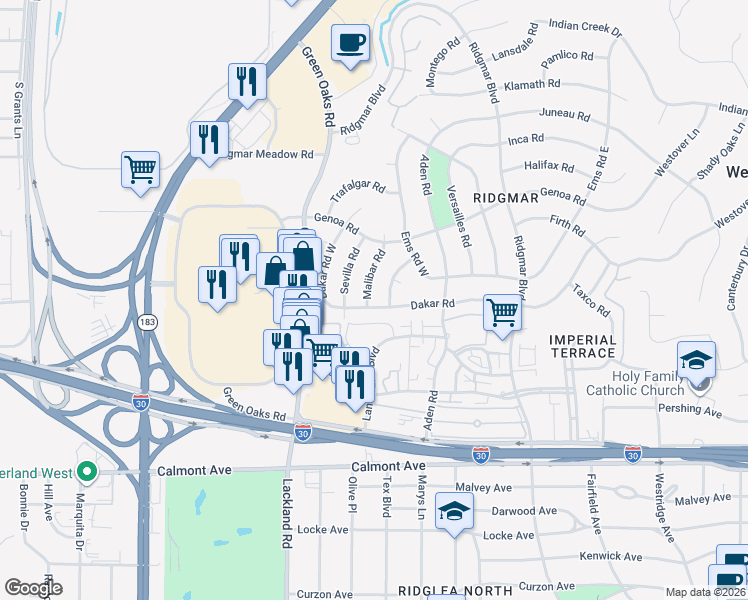 map of restaurants, bars, coffee shops, grocery stores, and more near 1905 Malibar Road in Fort Worth