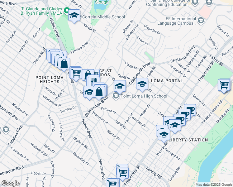 map of restaurants, bars, coffee shops, grocery stores, and more near 2335 Chatsworth Boulevard in San Diego