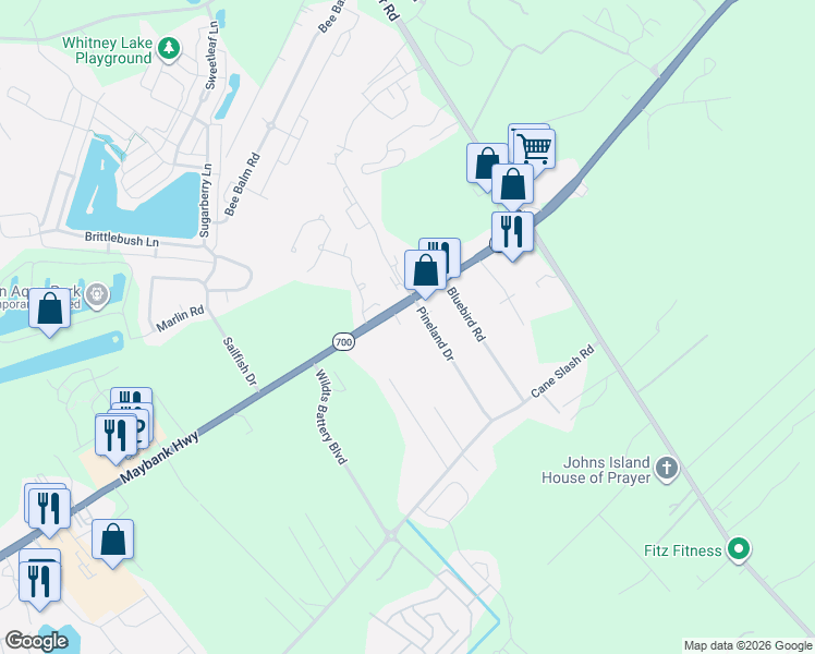 map of restaurants, bars, coffee shops, grocery stores, and more near 1804 Pineland Drive in Johns Island
