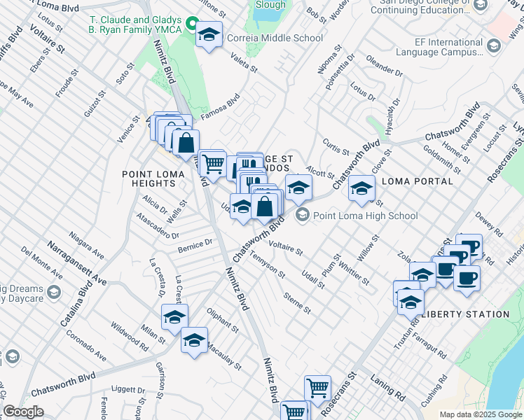 map of restaurants, bars, coffee shops, grocery stores, and more near 2235 Poinsettia Drive in San Diego