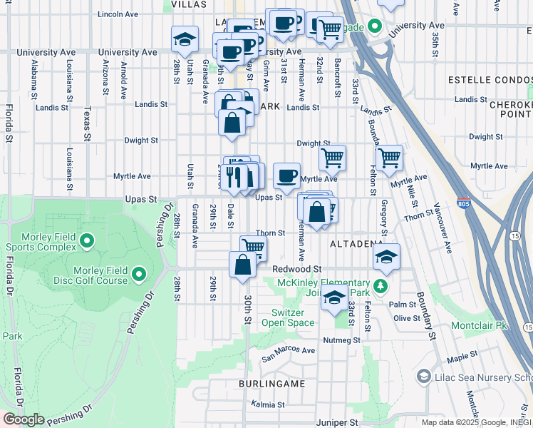 map of restaurants, bars, coffee shops, grocery stores, and more near in San Diego