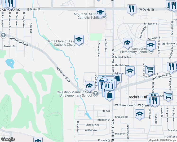 map of restaurants, bars, coffee shops, grocery stores, and more near 4529 Via San Antonio in Dallas