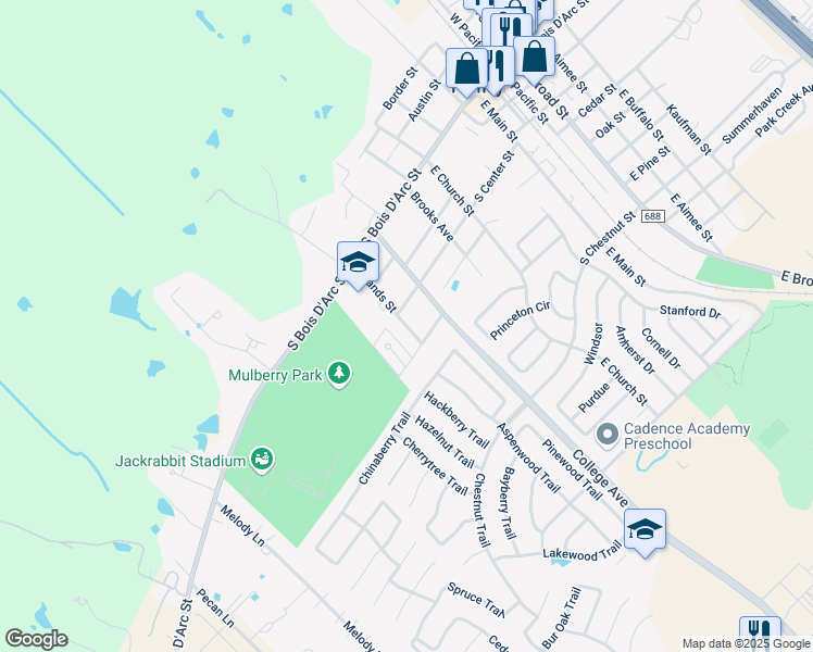map of restaurants, bars, coffee shops, grocery stores, and more near 614 Mulberry Street in Forney