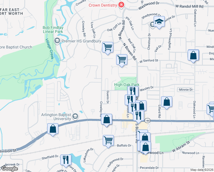 map of restaurants, bars, coffee shops, grocery stores, and more near 611 Windgate Court in Arlington