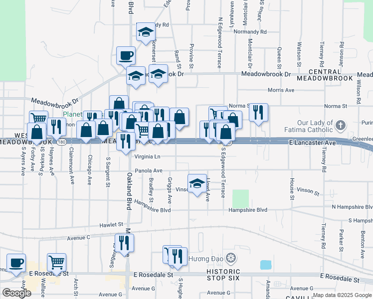 map of restaurants, bars, coffee shops, grocery stores, and more near 4420 East Lancaster Avenue in Fort Worth
