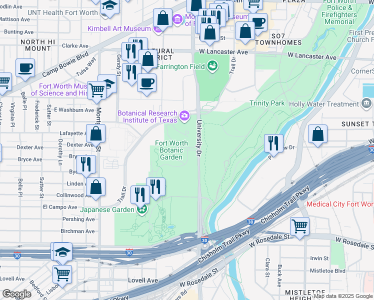 map of restaurants, bars, coffee shops, grocery stores, and more near Botanic Garden Boulevard in Fort Worth