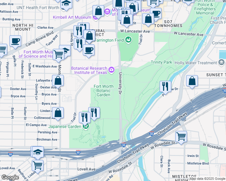 map of restaurants, bars, coffee shops, grocery stores, and more near Botanic Garden Boulevard in Fort Worth