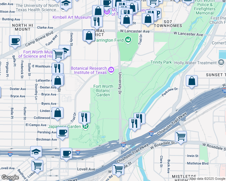 map of restaurants, bars, coffee shops, grocery stores, and more near Botanic Garden Boulevard in Fort Worth
