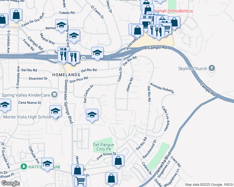 map of restaurants, bars, coffee shops, grocery stores, and more near 3421 Calavo Drive in Spring Valley