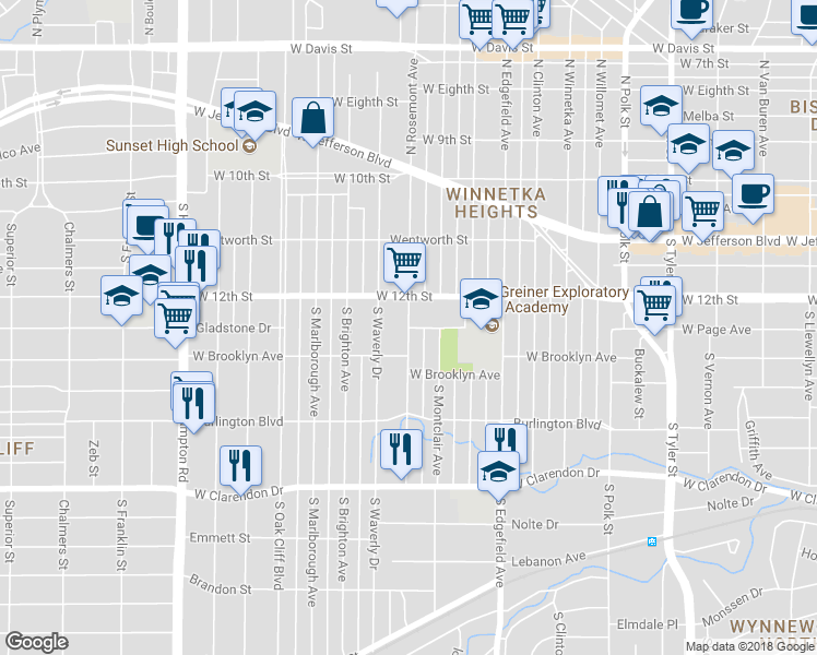 map of restaurants, bars, coffee shops, grocery stores, and more near 599 South Rosemont Avenue in Dallas