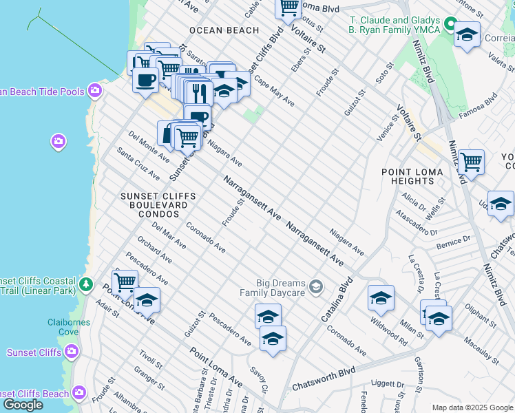 map of restaurants, bars, coffee shops, grocery stores, and more near 4544 Narragansett Avenue in San Diego