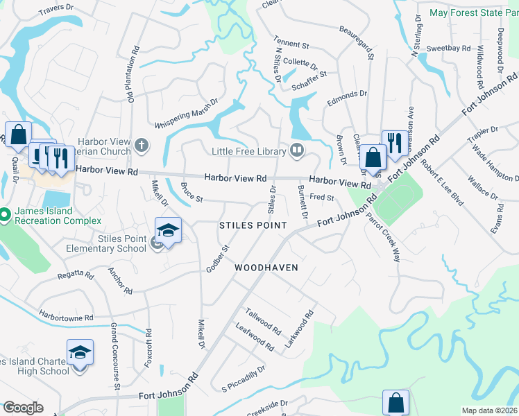 map of restaurants, bars, coffee shops, grocery stores, and more near 830 Godber Street in Charleston