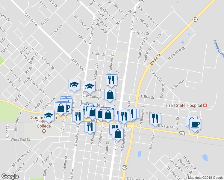 map of restaurants, bars, coffee shops, grocery stores, and more near 107 East Brin Street in Terrell
