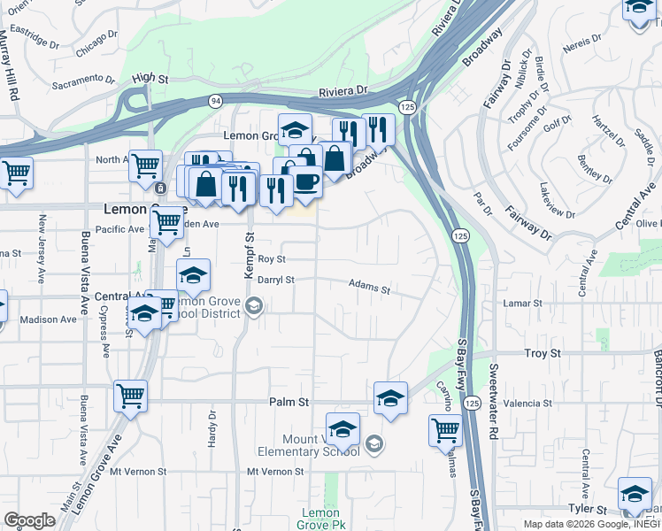 map of restaurants, bars, coffee shops, grocery stores, and more near 8223 Roy Street in Lemon Grove