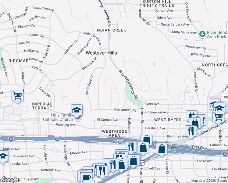 map of restaurants, bars, coffee shops, grocery stores, and more near 2000 Spanish Trail in Fort Worth