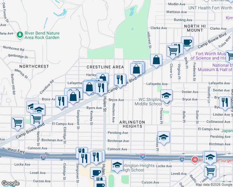 map of restaurants, bars, coffee shops, grocery stores, and more near 4455 Camp Bowie Boulevard in Fort Worth