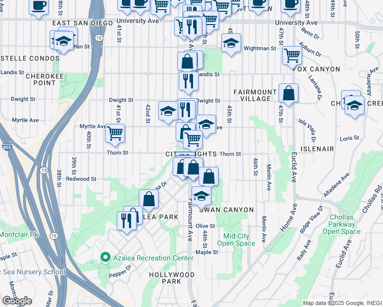 map of restaurants, bars, coffee shops, grocery stores, and more near 4300 Thorn Street in San Diego