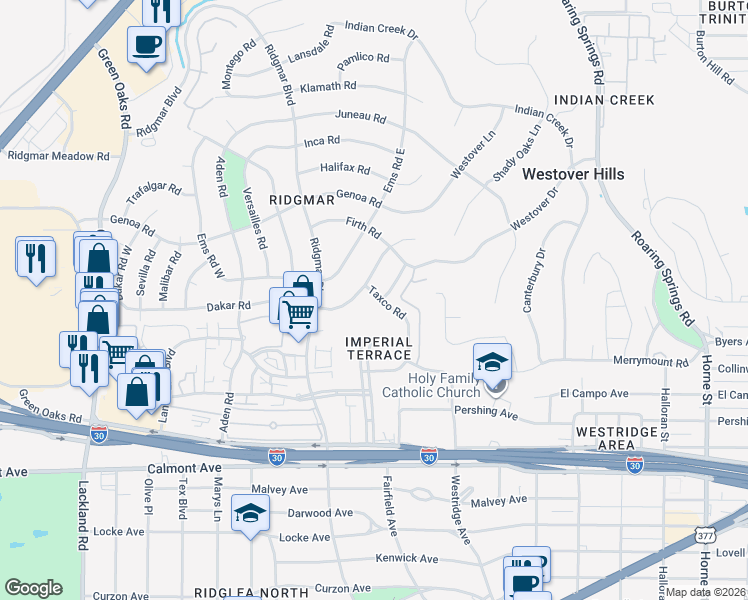 map of restaurants, bars, coffee shops, grocery stores, and more near 2010 Taxco Road in Fort Worth