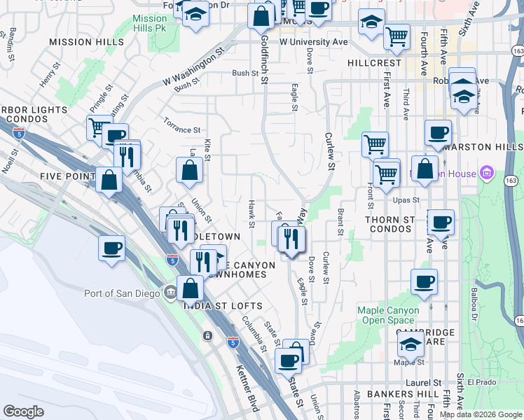 map of restaurants, bars, coffee shops, grocery stores, and more near 3344 Goldfinch Street in San Diego