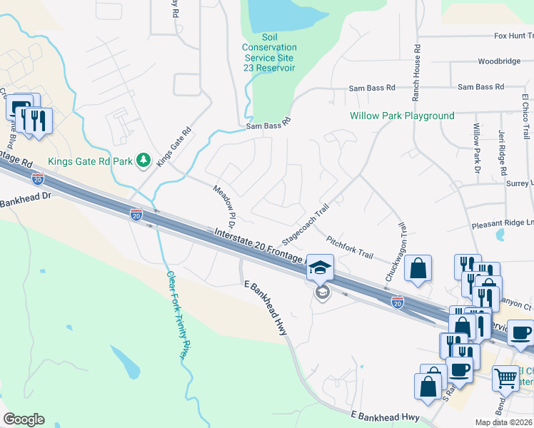 map of restaurants, bars, coffee shops, grocery stores, and more near 116 Pony Express Trail in Willow Park
