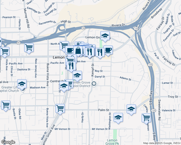 map of restaurants, bars, coffee shops, grocery stores, and more near 3210 Kempf Street in Lemon Grove