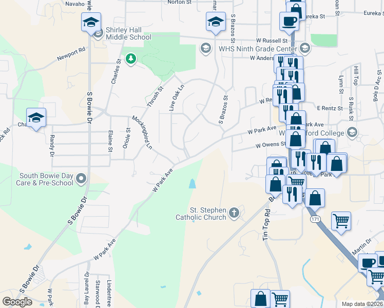 map of restaurants, bars, coffee shops, grocery stores, and more near 1335 South Lamar Street in Weatherford