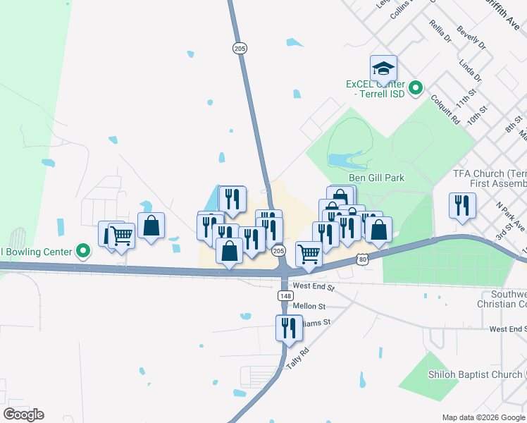 map of restaurants, bars, coffee shops, grocery stores, and more near 101 State Highway 205 in Terrell