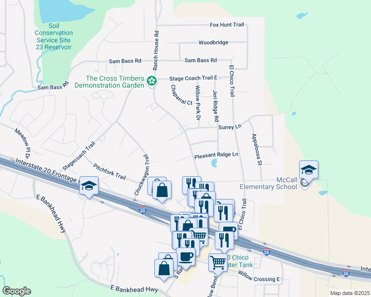 map of restaurants, bars, coffee shops, grocery stores, and more near 305 Ranch House Road in Willow Park