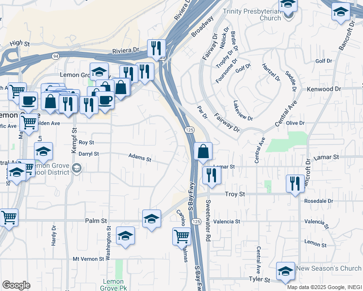 map of restaurants, bars, coffee shops, grocery stores, and more near 8354 Golden Avenue in Lemon Grove