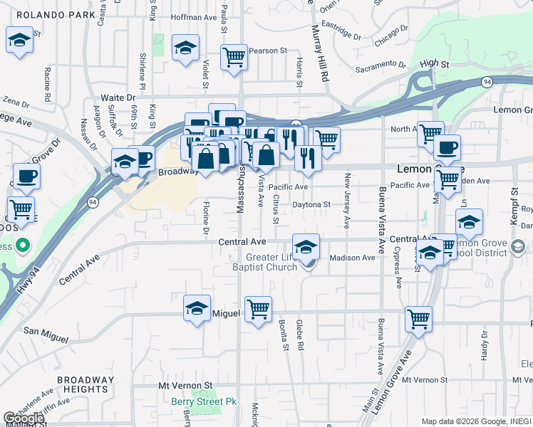 map of restaurants, bars, coffee shops, grocery stores, and more near 3218 Vista Avenue in Lemon Grove