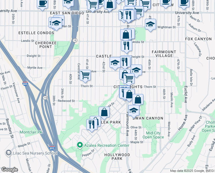 map of restaurants, bars, coffee shops, grocery stores, and more near 4255 Thorn Street in San Diego