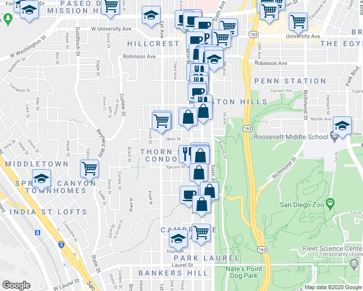 map of restaurants, bars, coffee shops, grocery stores, and more near 313 West Upas Street in San Diego