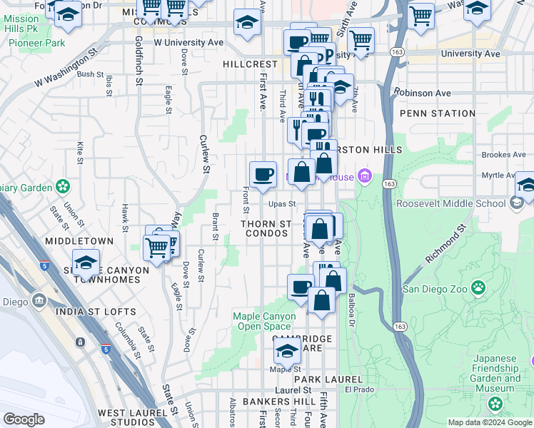 map of restaurants, bars, coffee shops, grocery stores, and more near 3356 2nd Avenue in San Diego