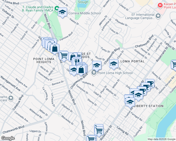 map of restaurants, bars, coffee shops, grocery stores, and more near 2314 Chatsworth Boulevard in San Diego