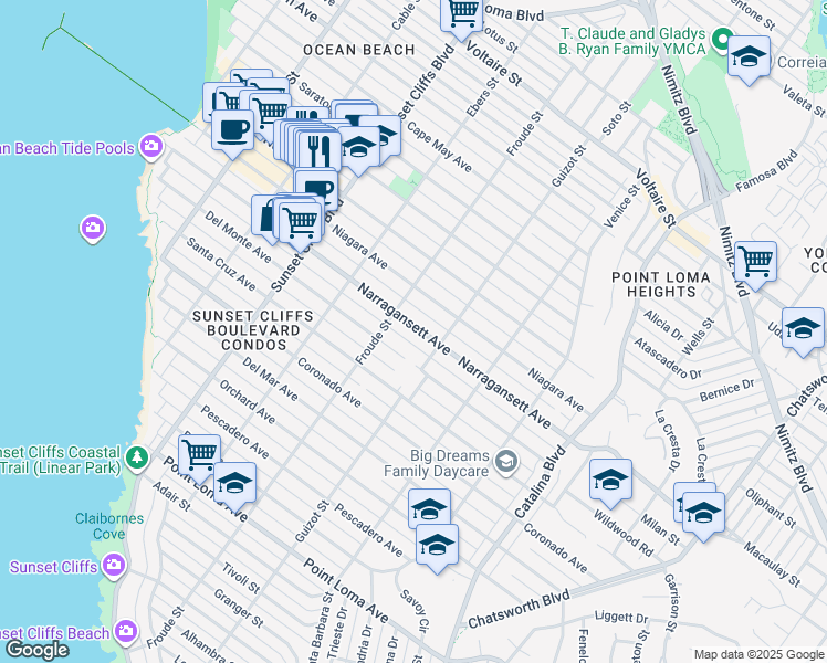 map of restaurants, bars, coffee shops, grocery stores, and more near 4544 Narragansett Avenue in San Diego